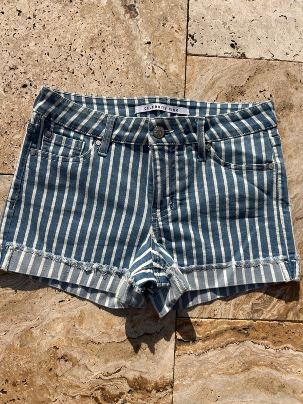 Celebrity Pink Blue & White Striped Denim Cutoff Shorts